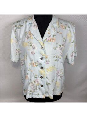 Boca Classics Island Wear Womans Button Up Floral Top Blue Size Small Open Back